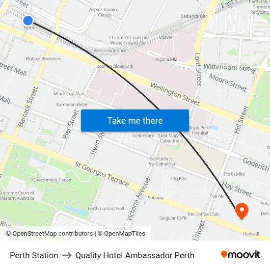 Perth Station to Quality Hotel Ambassador Perth map