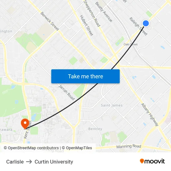 Carlisle to Curtin University map
