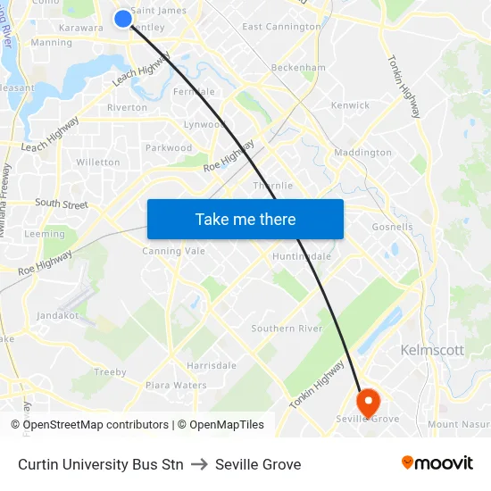 Curtin University Bus Stn to Seville Grove map