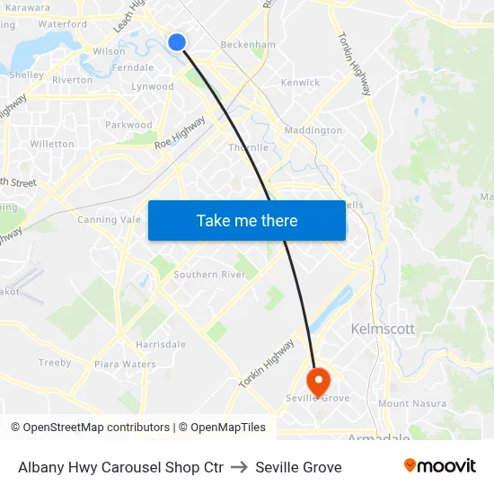 Albany Hwy Carousel Shop Ctr to Seville Grove map