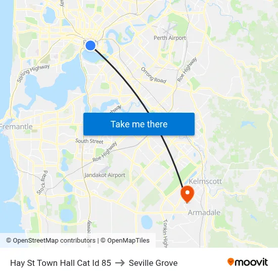 Hay St Town Hall Cat Id 85 to Seville Grove map