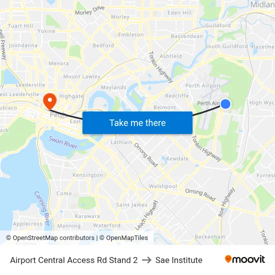 Airport Central Access Rd Stand 2 to Sae Institute map