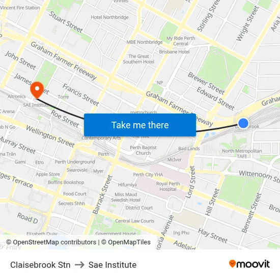 Claisebrook Stn to Sae Institute map