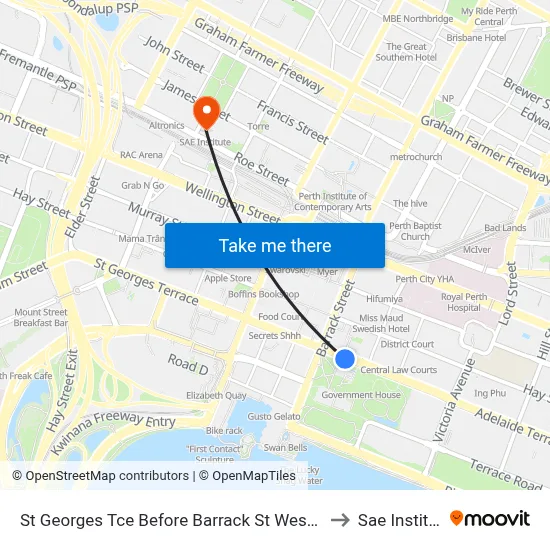 St Georges Tce Before Barrack St Westbound to Sae Institute map