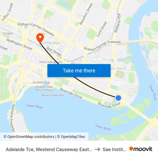 Adelaide Tce, Westend Causeway Eastbound to Sae Institute map