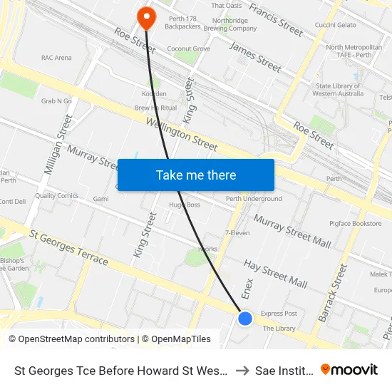 St Georges Tce Before Howard St Westbound to Sae Institute map