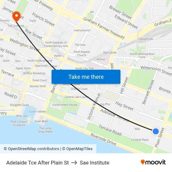 Adelaide Tce After Plain St to Sae Institute map