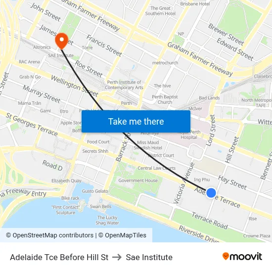 Adelaide Tce Before Hill St to Sae Institute map