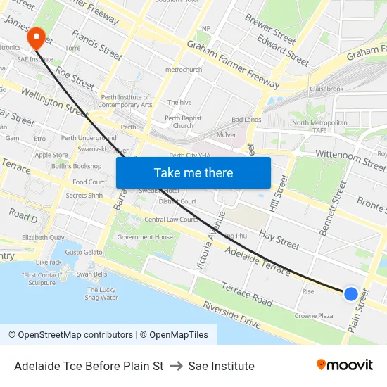 Adelaide Tce Before Plain St to Sae Institute map