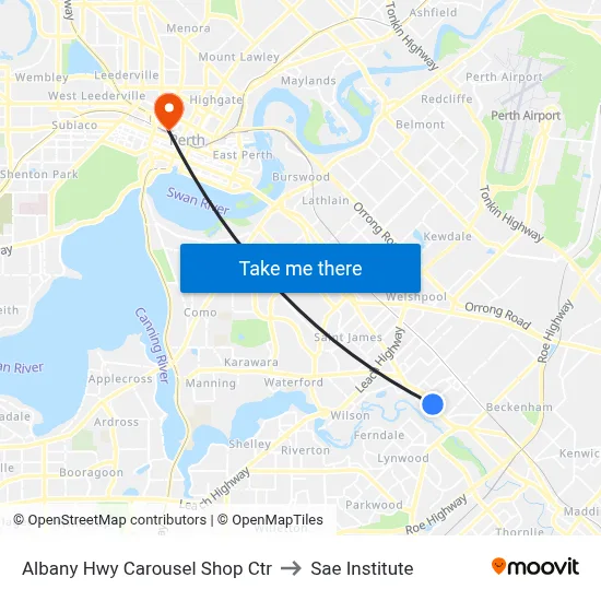 Albany Hwy Carousel Shop Ctr to Sae Institute map
