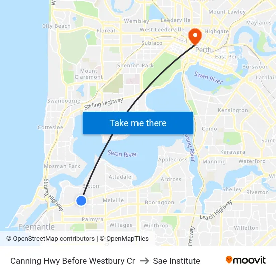 Canning Hwy Before Westbury Cr to Sae Institute map