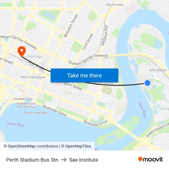Perth Stadium Bus Stn to Sae Institute map