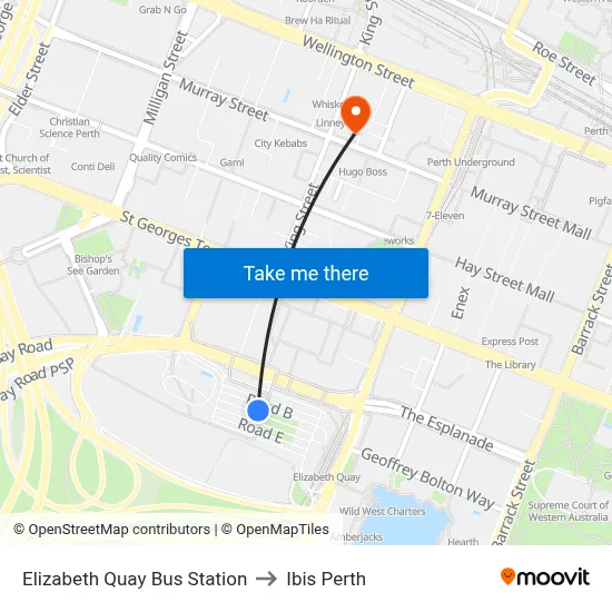 Elizabeth Quay Bus Station to Ibis Perth map