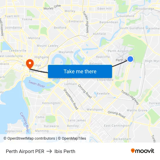 Perth Airport PER to Ibis Perth map