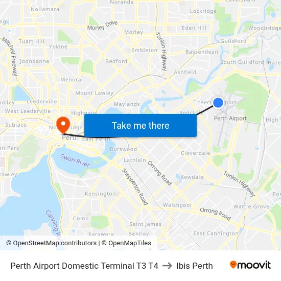 Perth Airport Domestic Terminal T3 T4 to Ibis Perth map