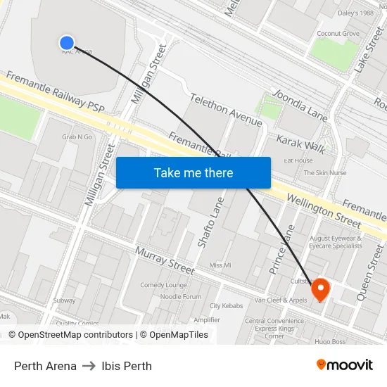 Perth Arena to Ibis Perth map