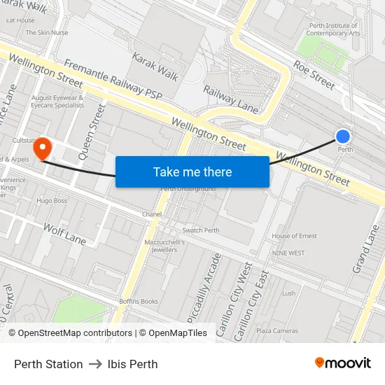 Perth Station to Ibis Perth map