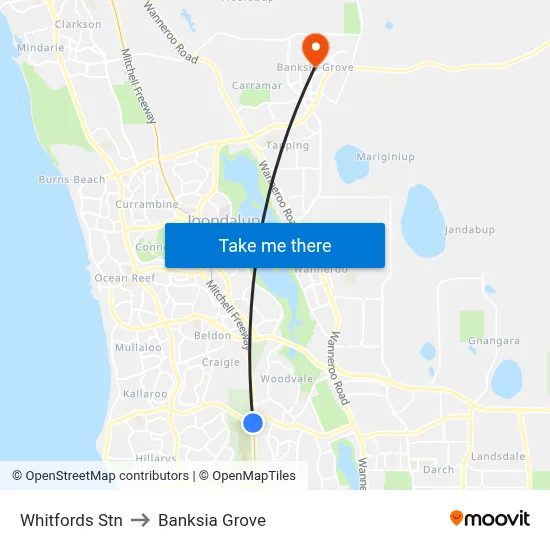 Whitfords Stn to Banksia Grove map