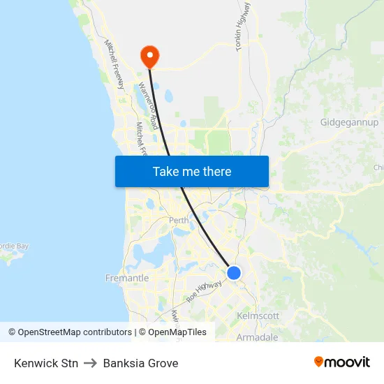 Kenwick Stn to Banksia Grove map