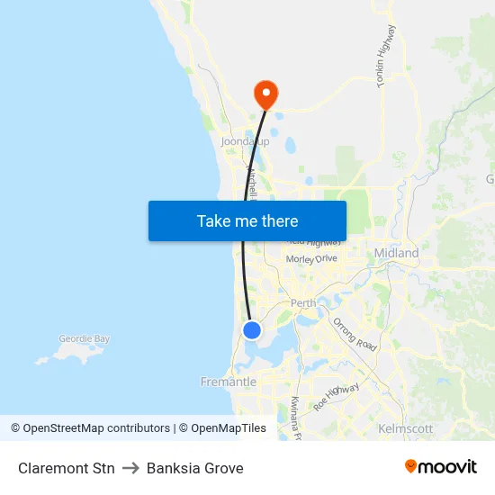 Claremont Stn to Banksia Grove map