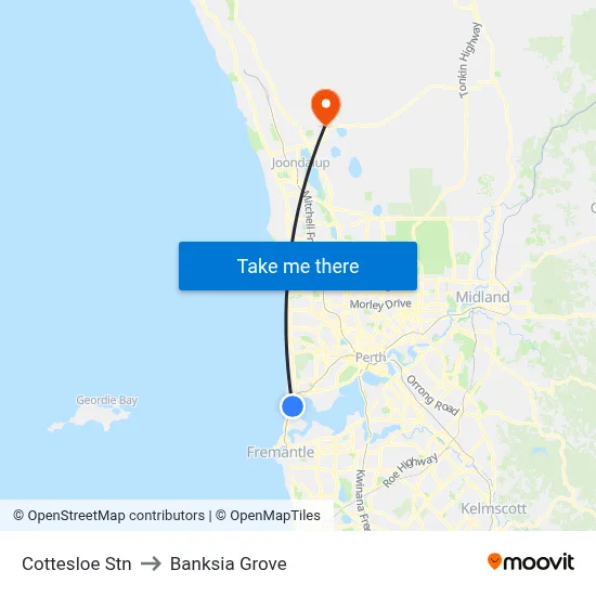 Cottesloe Stn to Banksia Grove map