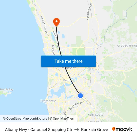 Albany Hwy - Carousel Shopping Ctr to Banksia Grove map