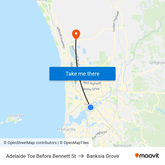 Adelaide Tce Before Bennett St to Banksia Grove map