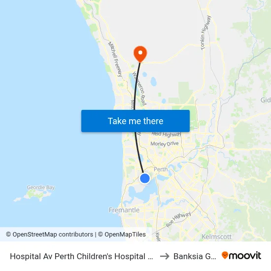 Hospital Av Perth Children's Hospital Cat Id 132 to Banksia Grove map
