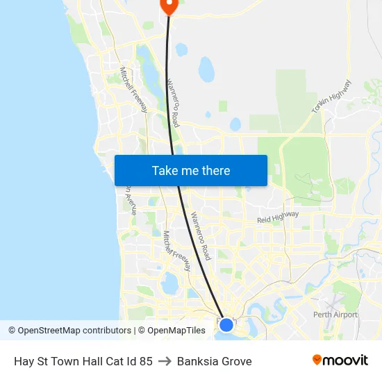 Hay St Town Hall Cat Id 85 to Banksia Grove map
