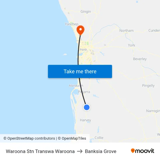 Waroona Stn Transwa Waroona to Banksia Grove map