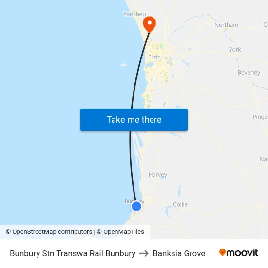Bunbury Stn Transwa Rail Bunbury to Banksia Grove map