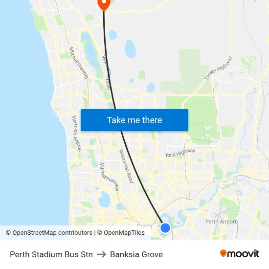 Perth Stadium Bus Stn to Banksia Grove map