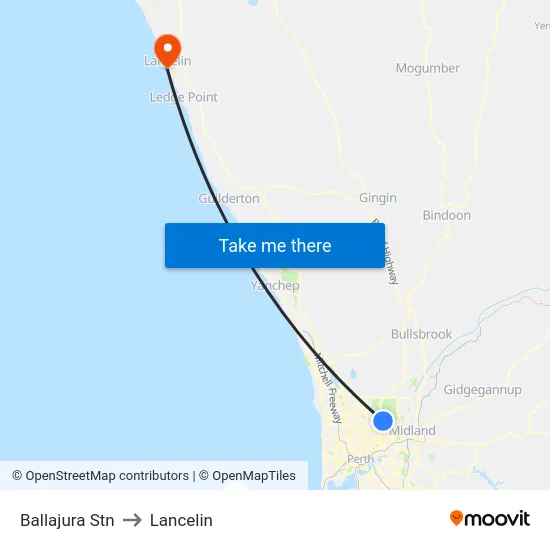 Ballajura Stn to Lancelin map