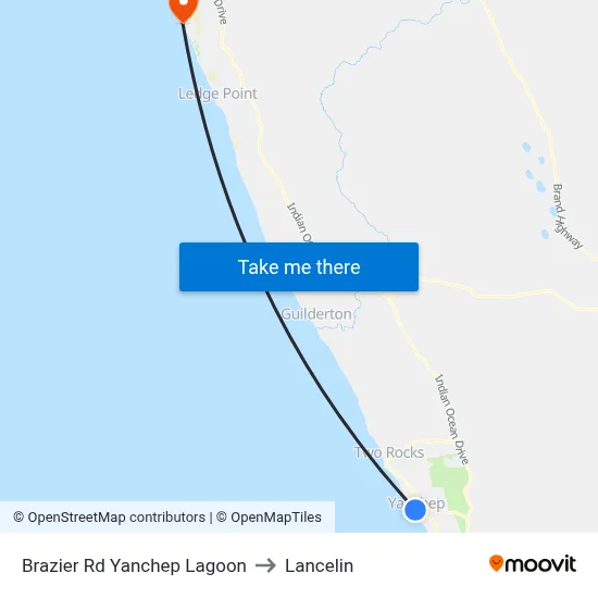 Brazier Rd Yanchep Lagoon to Lancelin map