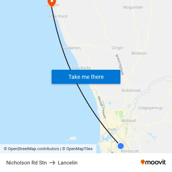 Nicholson Rd Stn to Lancelin map