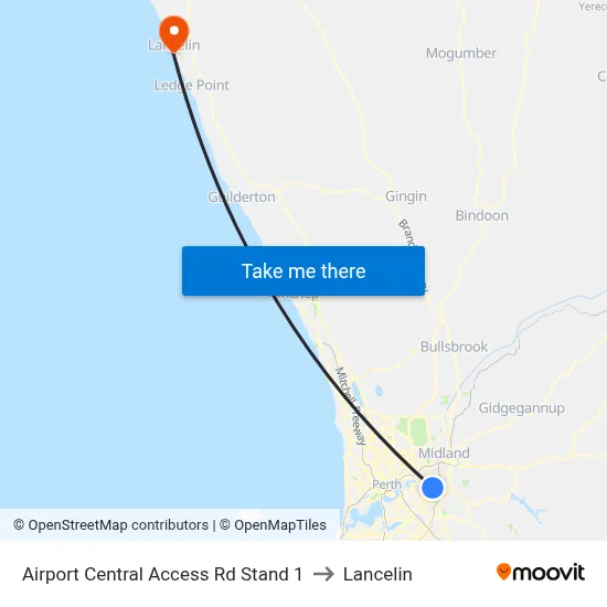 Airport Central Access Rd Stand 1 to Lancelin map