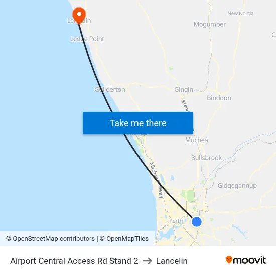 Airport Central Access Rd Stand 2 to Lancelin map
