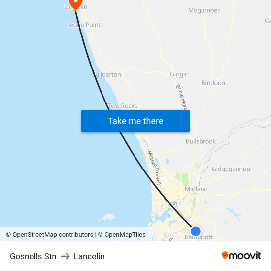 Gosnells Stn to Lancelin map