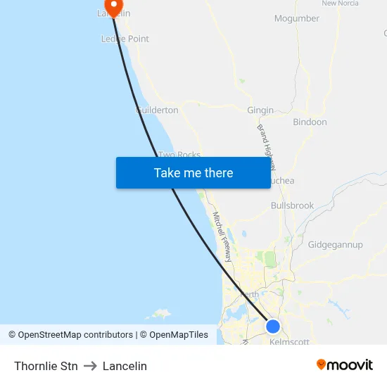 Thornlie Stn to Lancelin map