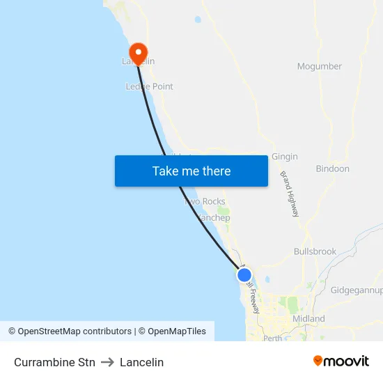 Currambine Stn to Lancelin map