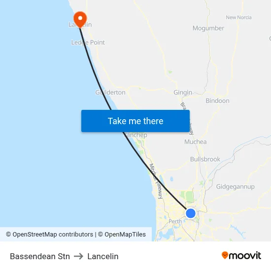 Bassendean Stn to Lancelin map