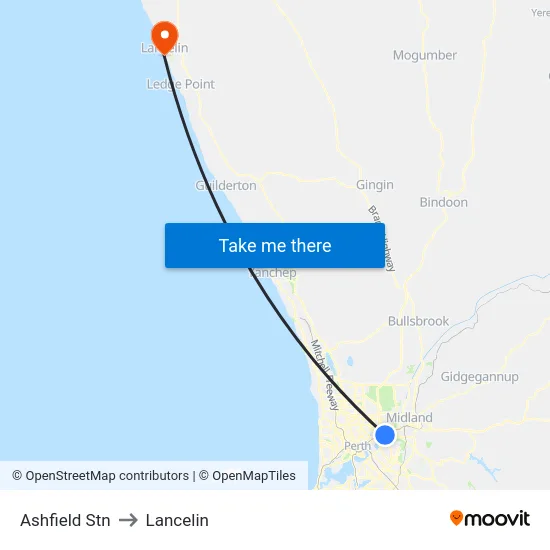 Ashfield Stn to Lancelin map