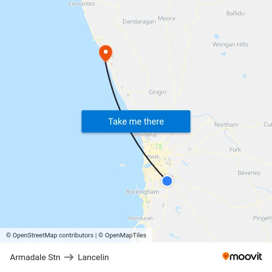 Armadale Stn to Lancelin map