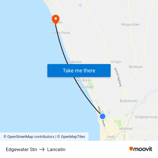 Edgewater Stn to Lancelin map