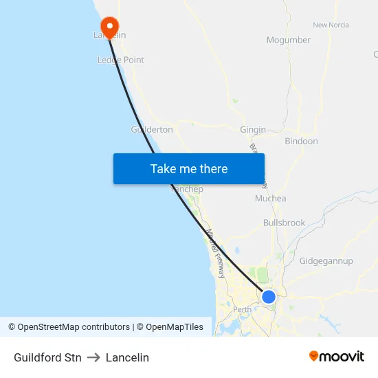 Guildford Stn to Lancelin map