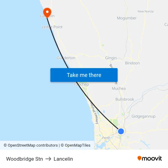 Woodbridge Stn to Lancelin map