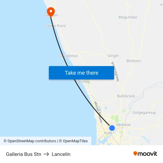 Galleria Bus Stn to Lancelin map