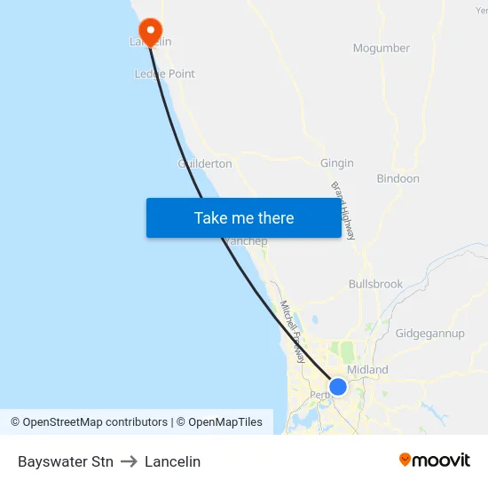 Bayswater Stn to Lancelin map