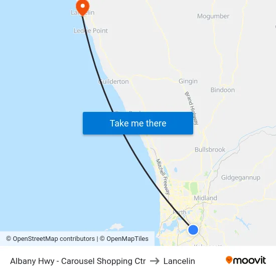Albany Hwy - Carousel Shopping Ctr to Lancelin map