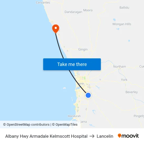 Albany Hwy Armadale Kelmscott Hospital to Lancelin map